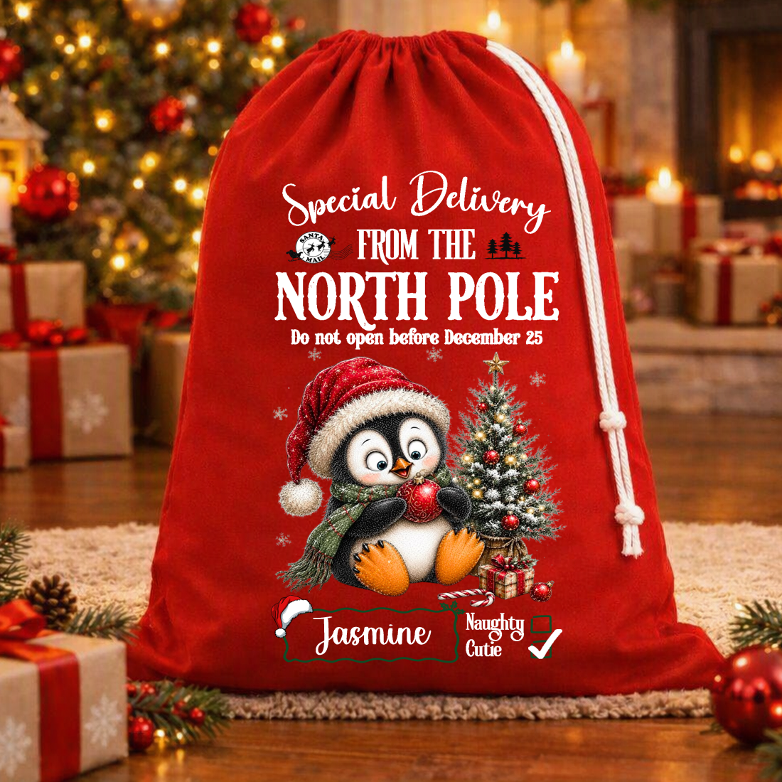 Special Delivery Penguin Christmas Bag – Rope Drawstring