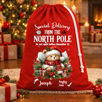 Special Delivery Teddy Christmas Bag – Rope Drawstring