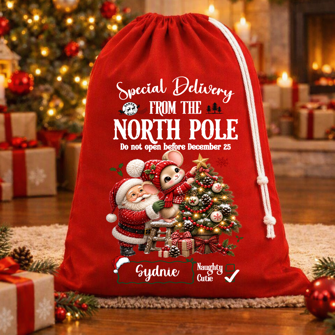 Special Delivery Santa & Tree Christmas Bag – Rope Drawstring