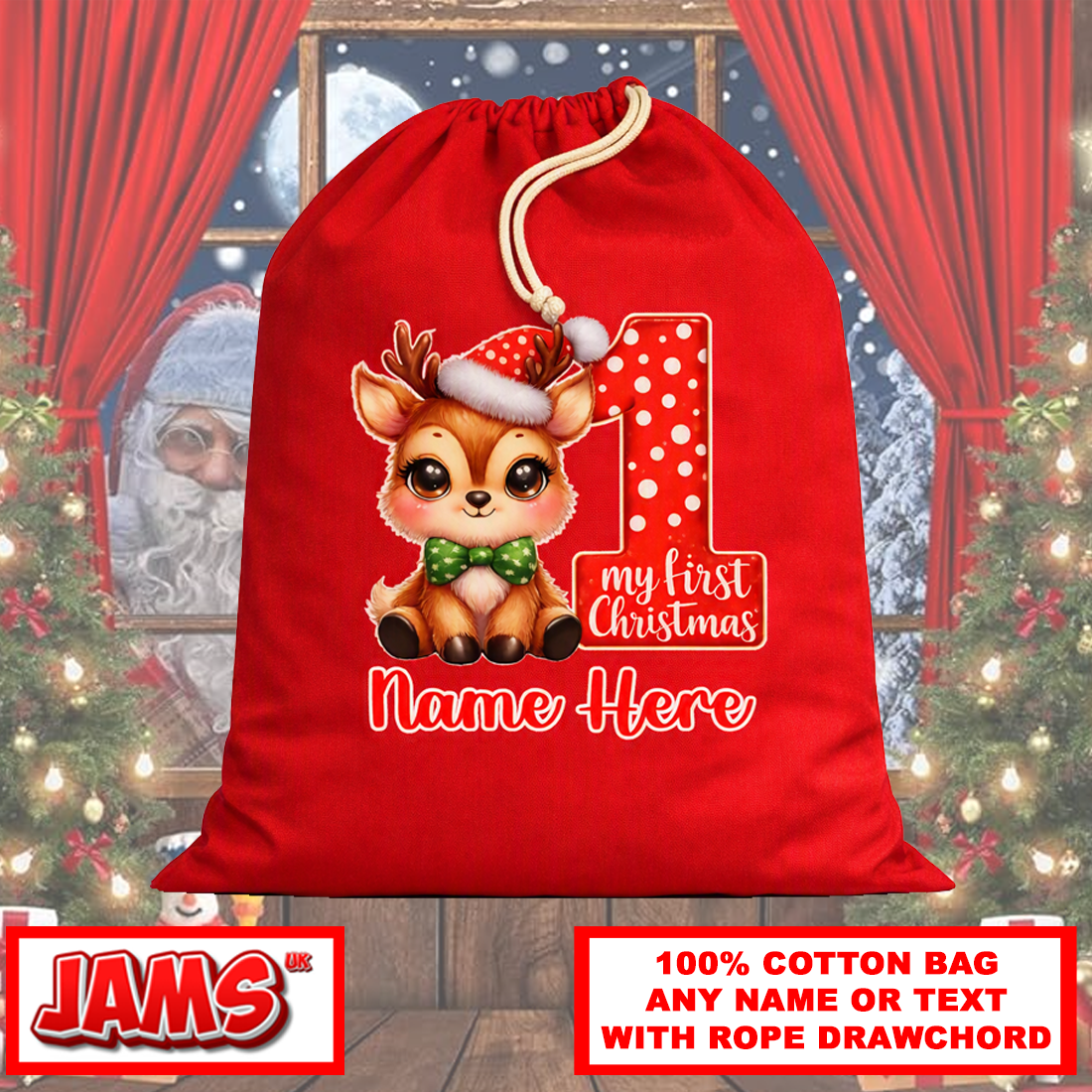 Little Reindeer’s First Christmas Bag – Rope Drawstring