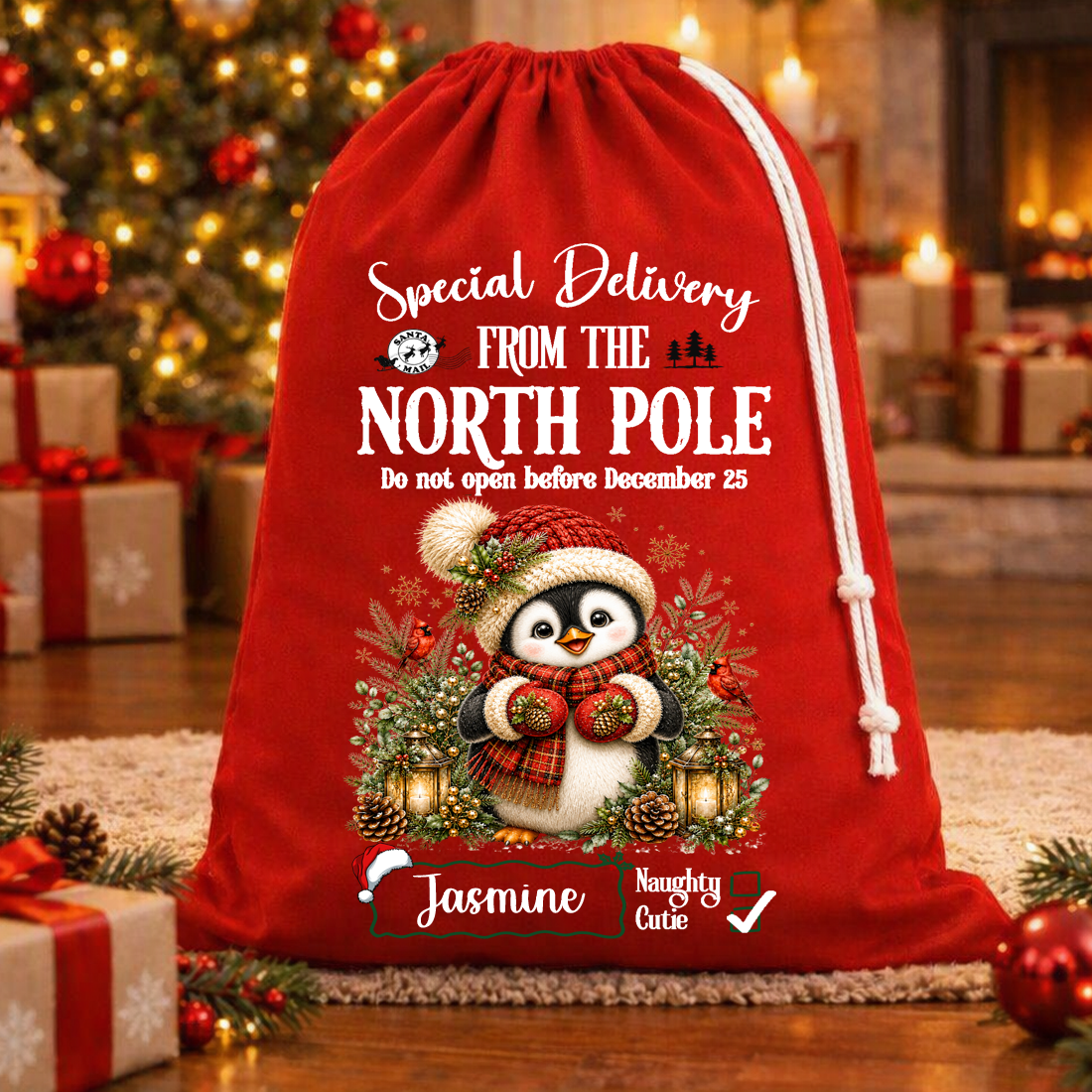 Special Delivery Tartan Penguin Christmas Bag – Rope Drawstring