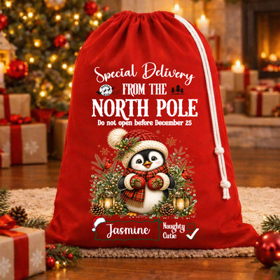 Special Delivery Tartan Penguin Christmas Bag – Rope Drawstring