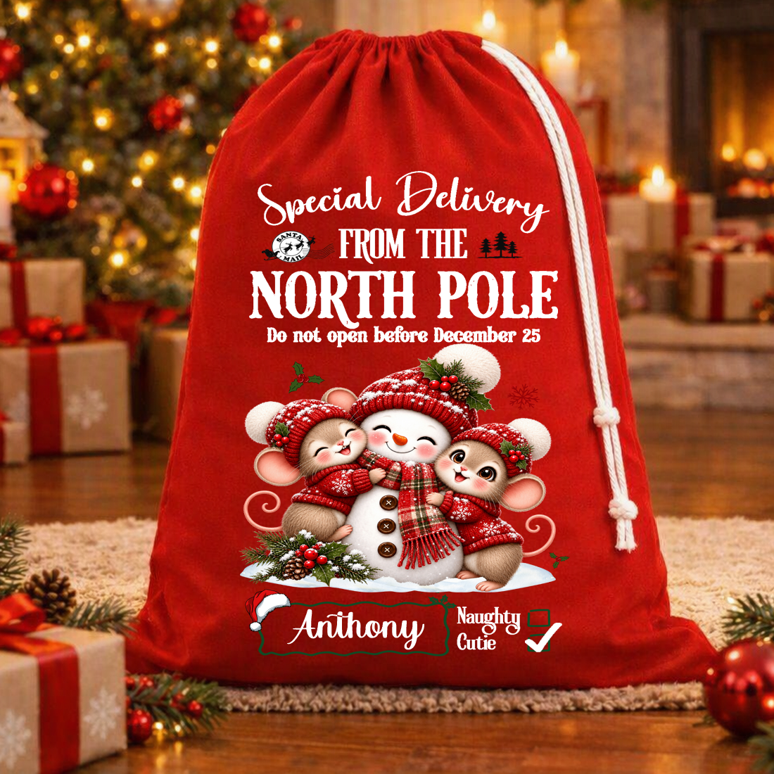 Special Delivery Snowman Christmas Bag – Rope Drawstring